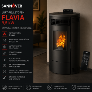 Sannover Flavia Luft-Pelletofen 9,5 kW – Schwarz mit Fernbedienung