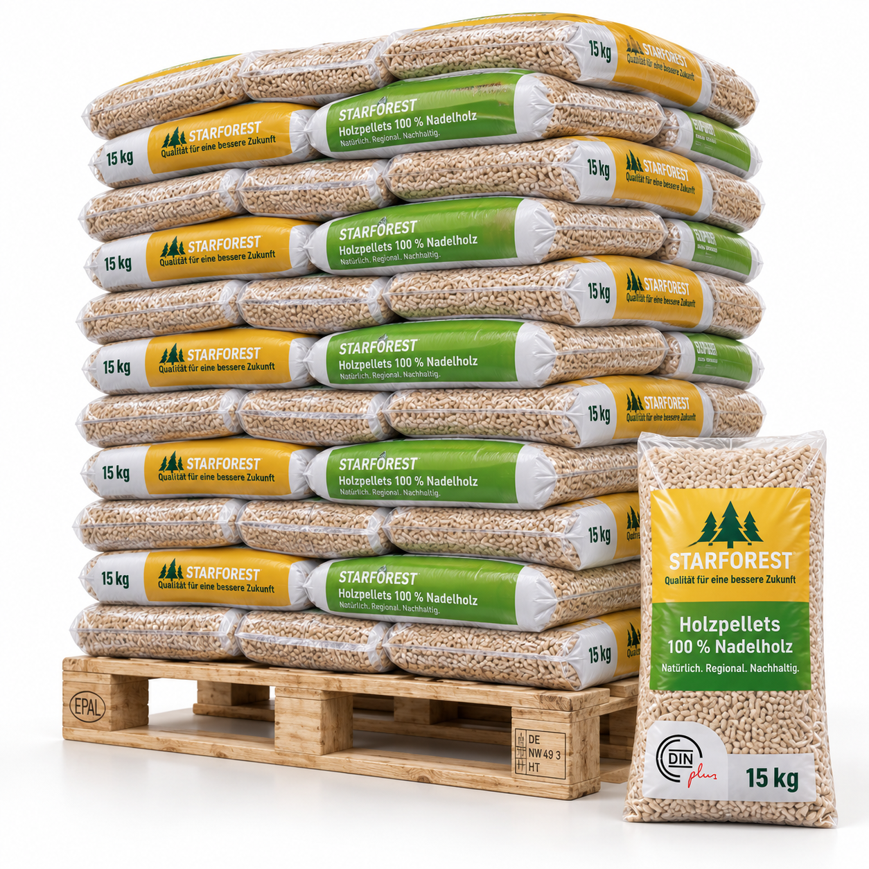 Starforest Holzpellets Palette mit 70 Säcken à 15 kg (1.050 kg) – 100 % Nadelholz, DINplus