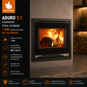 Aduro 5.1 Kaminofen 7 kW – Stahl Schwarz, extra niedrig mit Primärluftautomatik