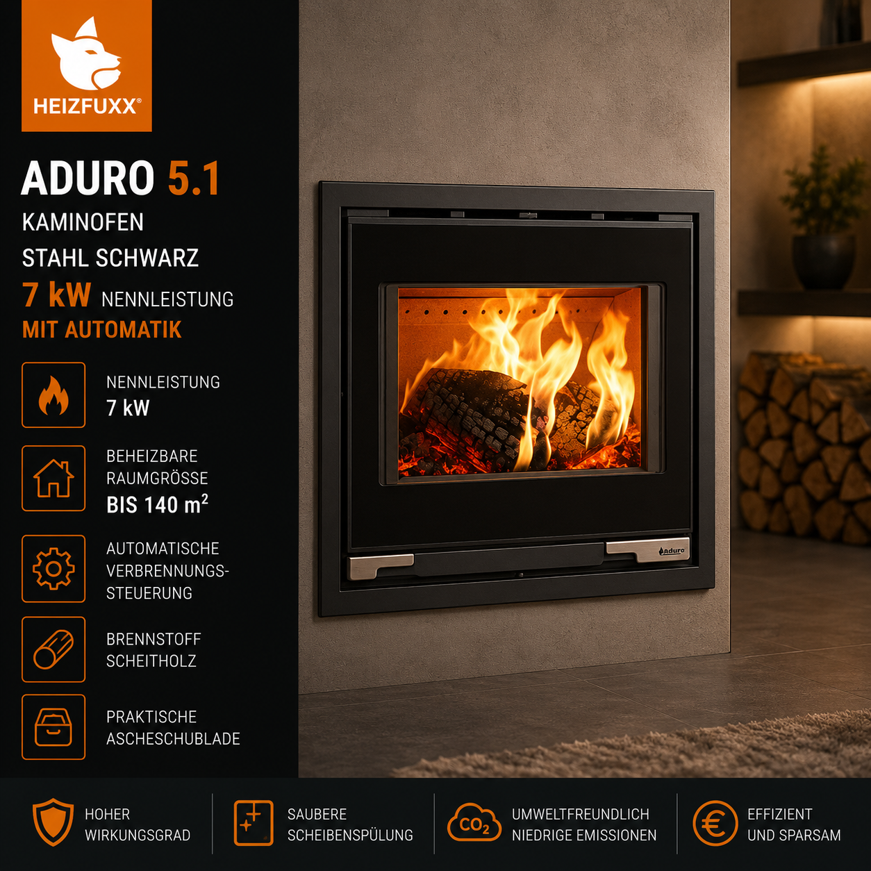 Aduro 5.1 Kaminofen 7 kW – Stahl Schwarz, extra niedrig mit Primärluftautomatik – Bild 5