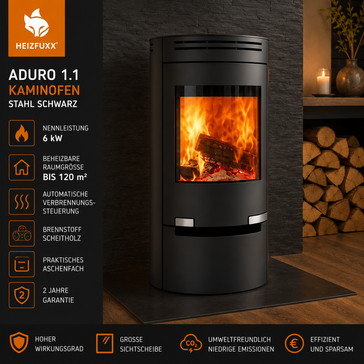 Aduro 1.1 Kaminofen 6 kW – Stahl Schwarz mit Automatik für Scheitholz und Braunkohle – Bild 6