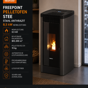 Freepoint STEE Pelletofen 8,5 kW – Anthrazit, WLAN-Steuerung und Guss-Brennraum