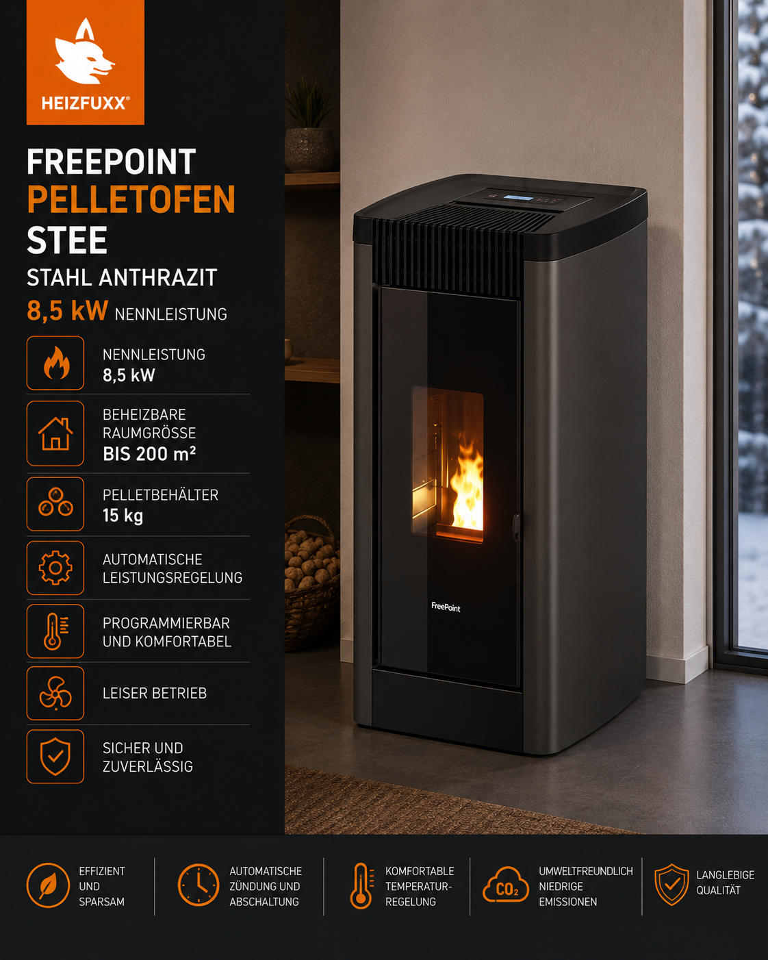 Freepoint STEE Pelletofen 8,5 kW – Anthrazit, WLAN-Steuerung und Guss-Brennraum – Bild 4