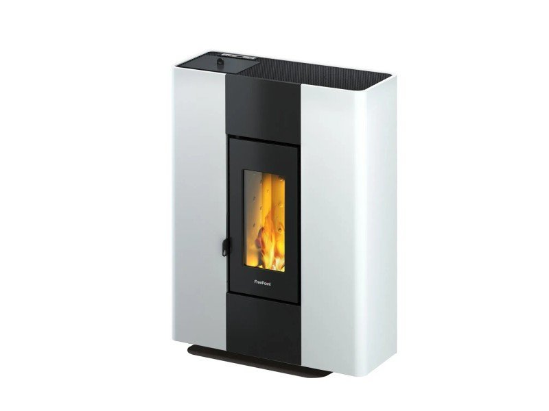 Freepoint Roxy Stand extra flacher Pelletofen 7 kW – Weiß, raumluftunabhängig mit Fernbedienung