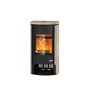Accente Kaminofen 7 kW – Sandsteinverkleidung mit Spezialkeramik-Brennraum und gebogener Scheibe