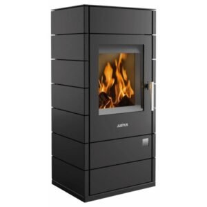 Justus Tova Kaminofen 6 kW – Stahl Schwarz, schlanke Säule für Scheitholz und Braunkohlebriketts