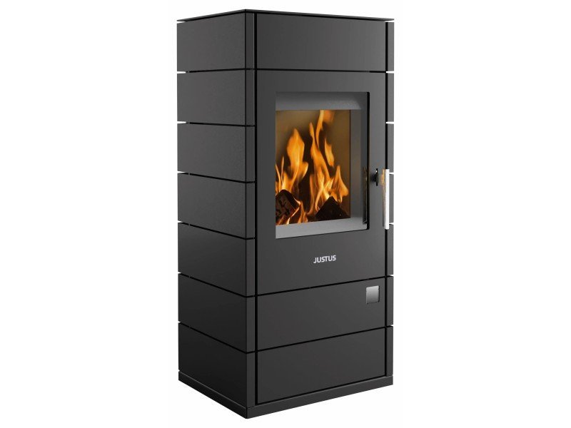 Justus Tova Kaminofen 6 kW – Stahl Schwarz, schlanke Säule für Scheitholz und Braunkohlebriketts