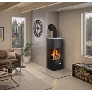 Justus Diego Wärme+ Kaminofen 6 kW – Stahl Schwarz mit Speichersteinen und Dreifach-Luftsystem