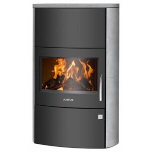 Justus Agero W+ Kaminofen 7 kW – grauer Speckstein mit XXL-Panoramascheibe und Speicherstein