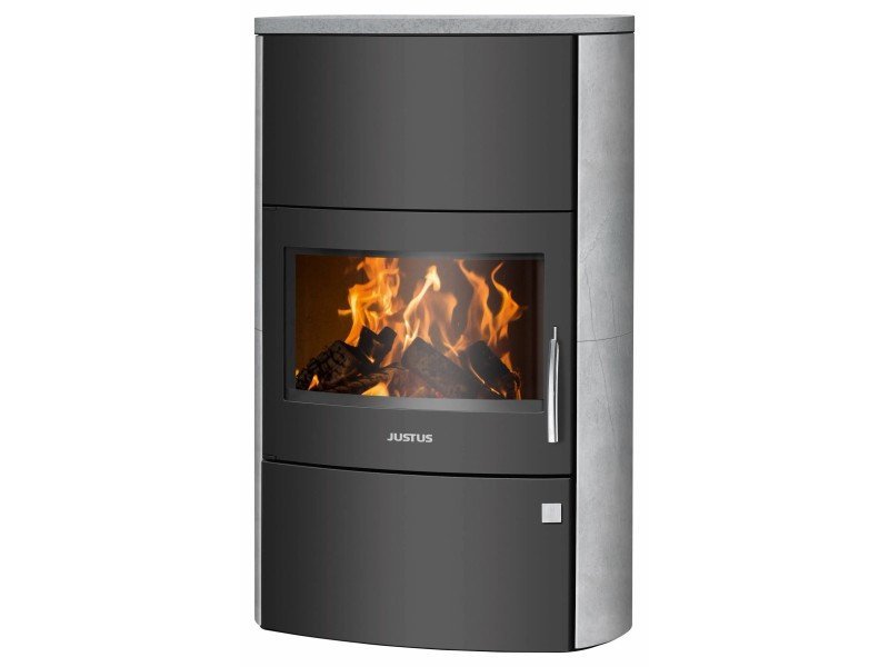 Justus Agero W+ Kaminofen 7 kW – grauer Speckstein mit XXL-Panoramascheibe und Speicherstein