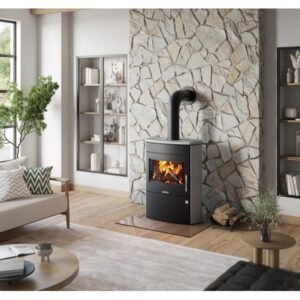 Justus Agero W+ Kaminofen 7 kW – grauer Speckstein mit XXL-Panoramascheibe und Speicherstein