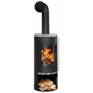 Justus Faro 2.0 Kaminofen 6 kW – Stahl Schwarz mit grauer Sandsteinverkleidung