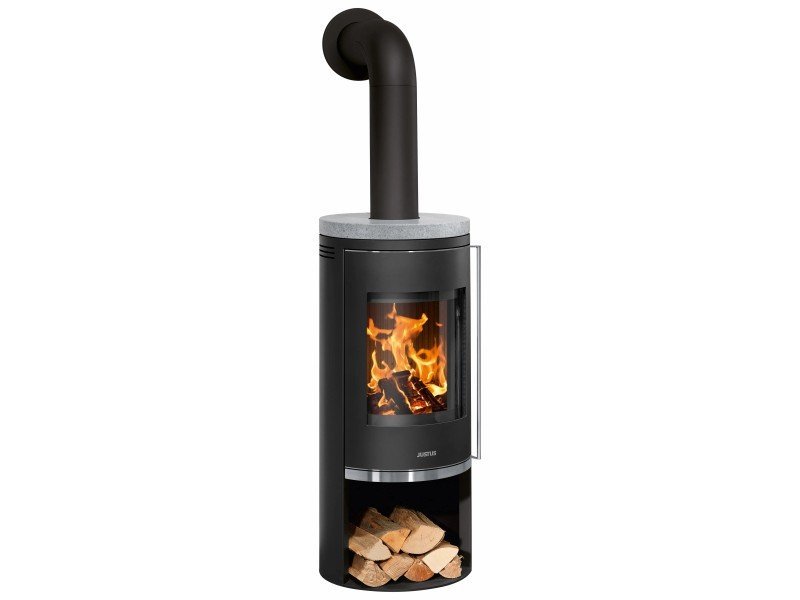 Justus Faro 2.0 Kaminofen 6 kW – Stahl Schwarz mit grauer Sandsteinverkleidung