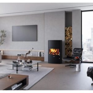 Justus Agero W+ Kaminofen 7 kW – Stahl Schwarz mit XXL-Panoramascheibe und Speicherstein
