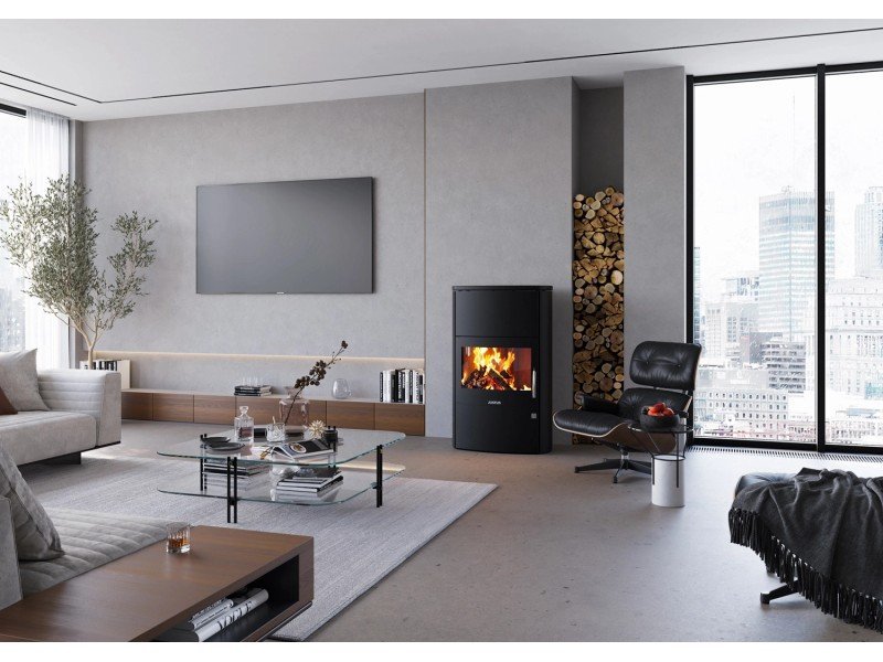 Justus Agero W+ Kaminofen 7 kW – Stahl Schwarz mit XXL-Panoramascheibe und Speicherstein – Bild 2