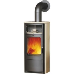 Hark Opera-B Dauerbrand-Kaminofen 7 kW – cremefarbene Ofenkacheln, Automatik und Warmhaltefach