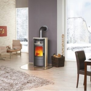 Hark Opera-B Dauerbrand-Kaminofen 7 kW – cremefarbene Ofenkacheln, Automatik und Warmhaltefach