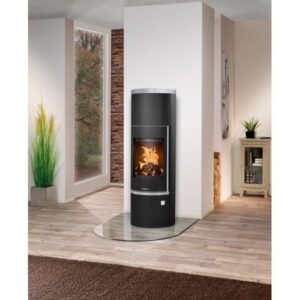 Justus Faro W+ 2.0 Wärmespeicher-Kaminofen 7 kW – Stahl Schwarz mit grauem Speckstein