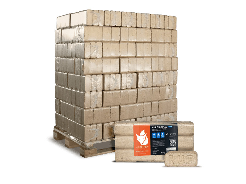 Heizfuxx RUF Original Blue Nadelholzbriketts – 960-kg-Palette, 96 Gebinde à 10 kg, FSC
