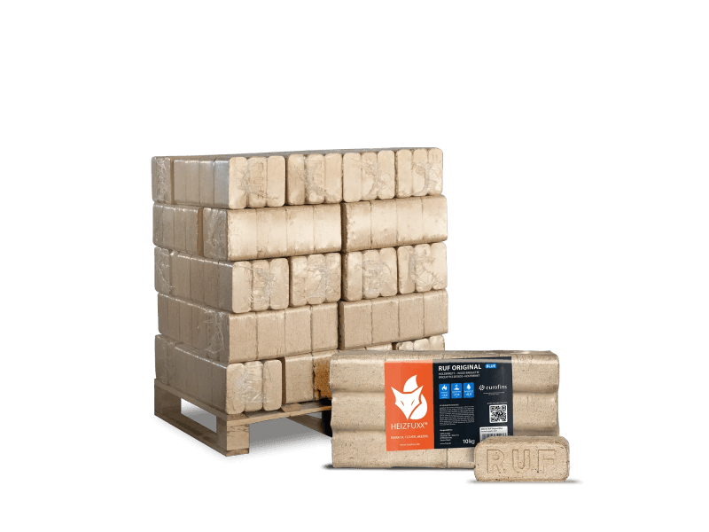 Heizfuxx RUF Original Blue Nadelholzbriketts – 300-kg-Palette, 30 Gebinde à 10 kg, FSC