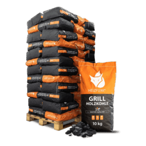 Heizfuxx Grillholzkohle in Gastro-Qualität – 360-kg-Palette, 36 Säcke à 10 kg, Hartholz, Körnung 20–80 mm