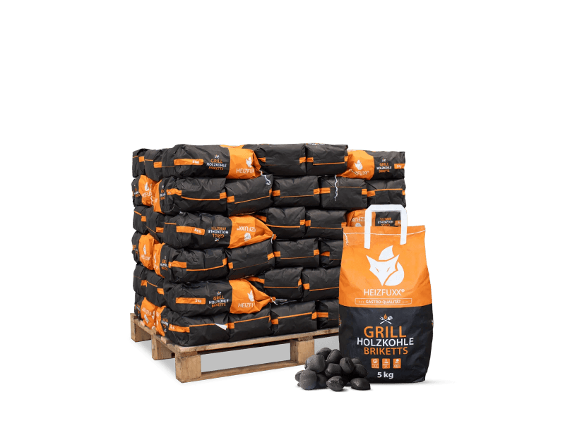 Heizfuxx Grillbriketts Hartholz in 5-kg-Säcken – 300-kg-Palette mit 60 Säcken, Gastro-Qualität
