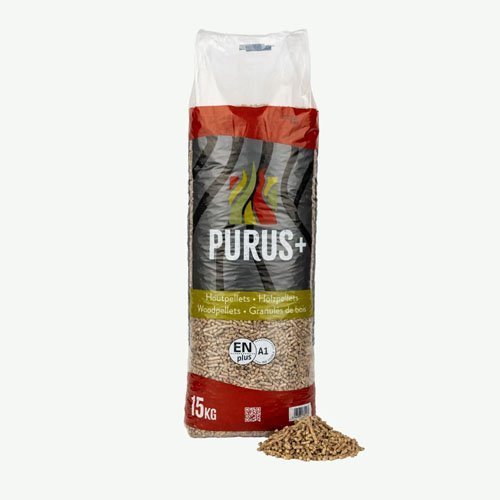 Purus+ Holzpellets Palette mit 60 Säcken à 15 kg (900 kg) – 100 % Nadelholz, ENplus A1