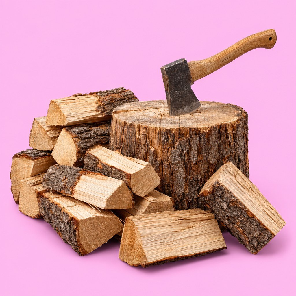 Gespaltenes Brennholz mit Hackklotz und Axt