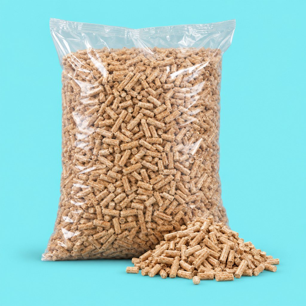 Sack Holzpellets mit Pelletshaufen
